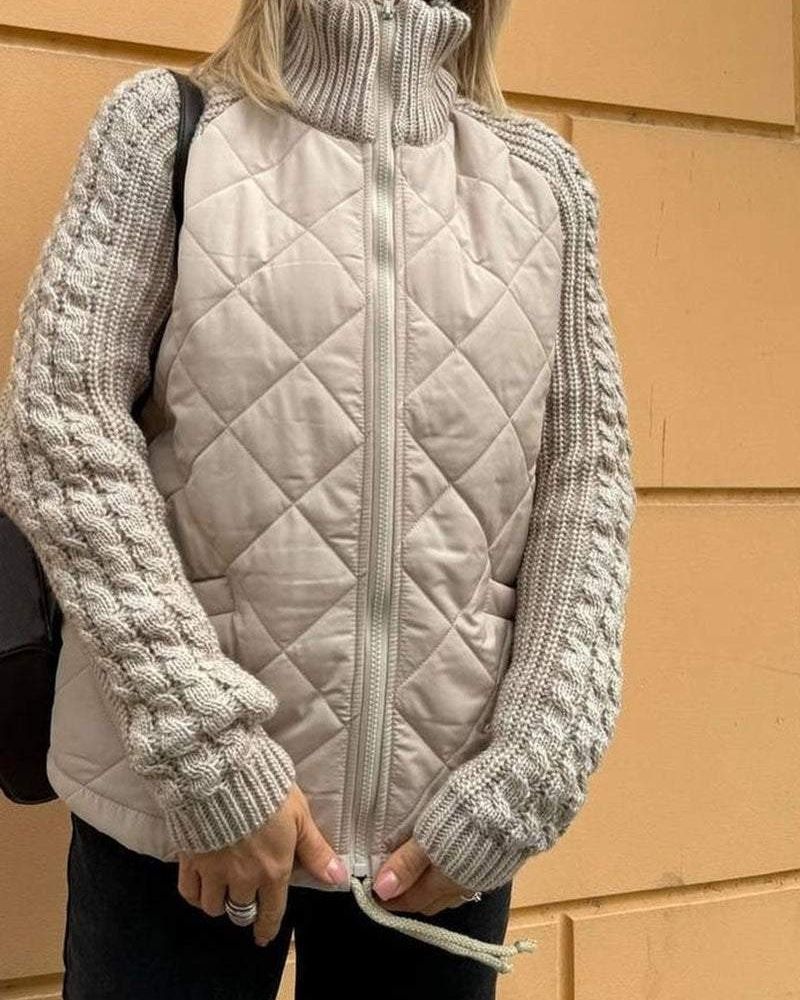 Women's quilted jacket with knitted sleeves and stand-up collar