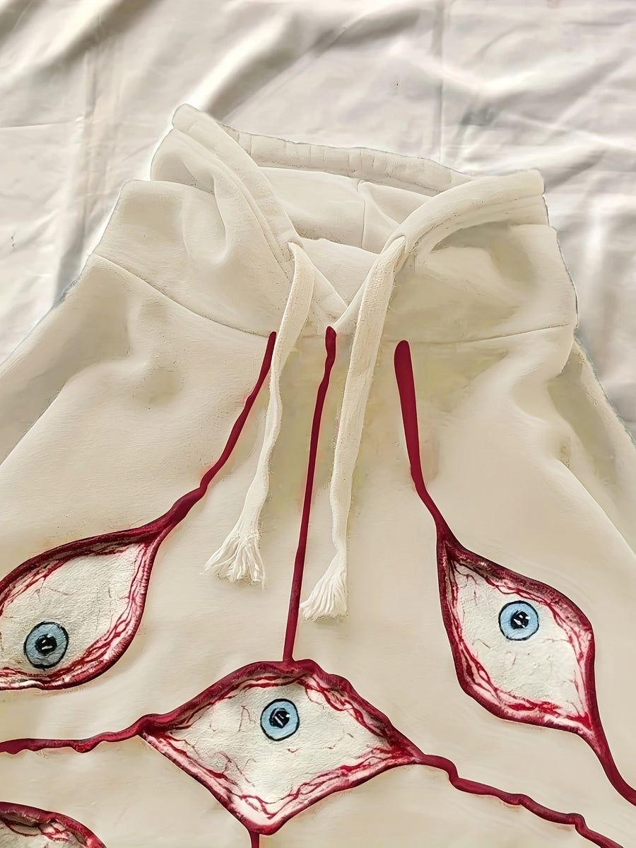 Oversized Anthracite Gray Hoodie with Stylized Eye Patterns