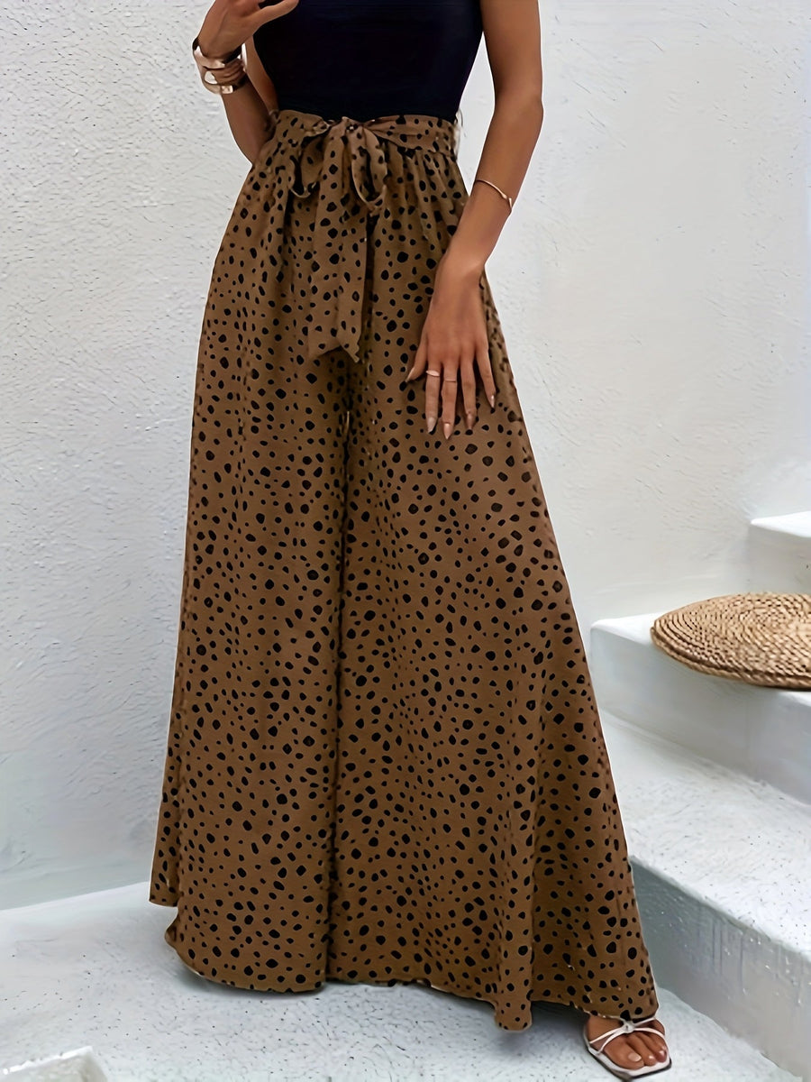 Pantaloni larghi a pois da donna stile elegante per primavera/estate con cintura annodata