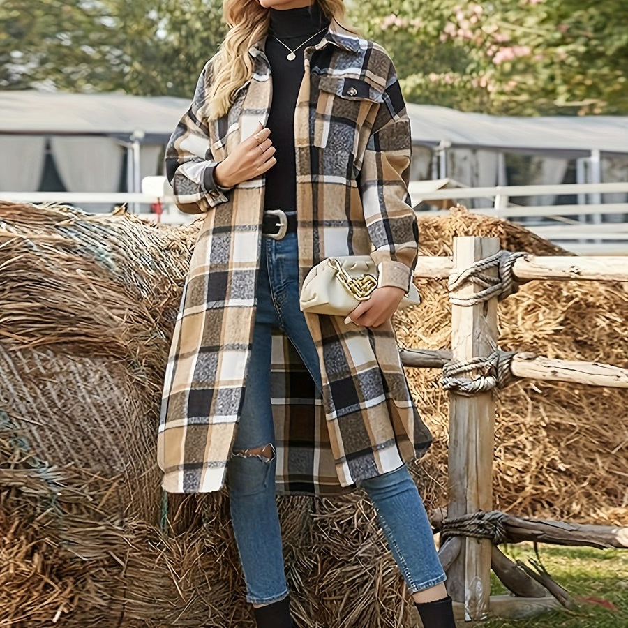 Women's Long Plaid Shirt-Style Coat with Chest Pockets and Relaxed Fit