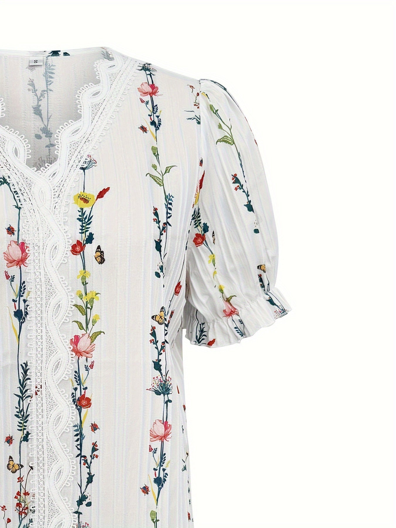 Elegant Women's Blouse with Short Sleeves, Ruffled Collar, Floral Print, Casual Chic Style