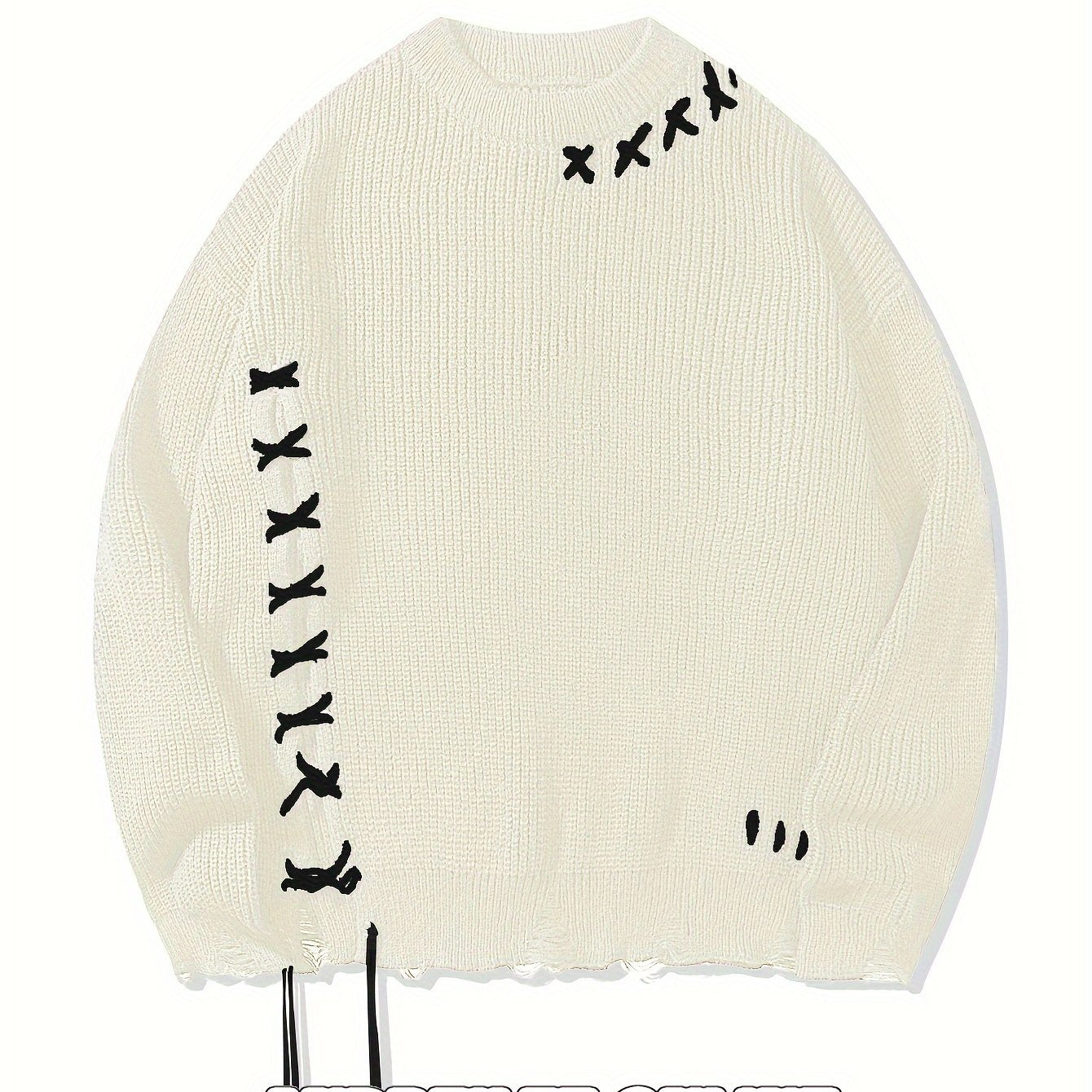 Pull en maille unisexe noir à col rond avec détails de lacets et ourlet effiloché