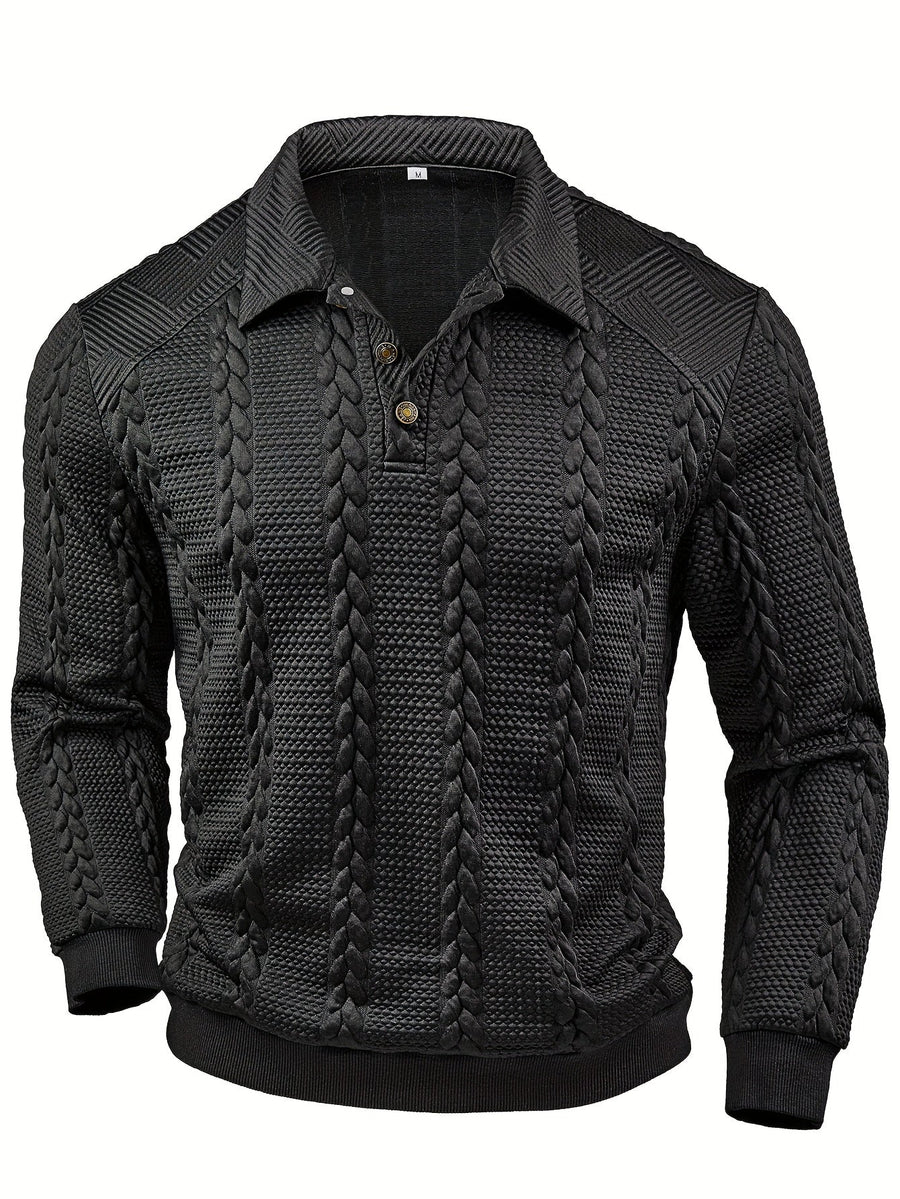 Black long-sleeve knitted men's polo shirt, textured collar, cable-knit pattern