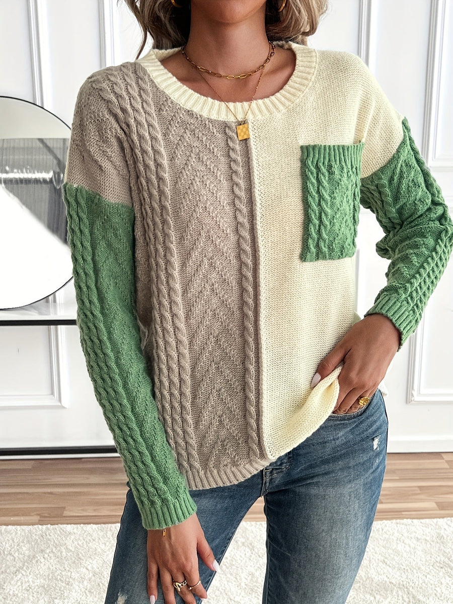 Pull Femme Maille Torsadée Bicolore Crème Vert avec Poche Plaquée