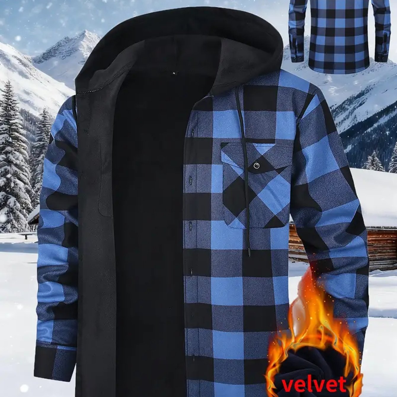 Chemise à Carreaux Homme avec Capuche, Doublure Chaude, Manches Longues
