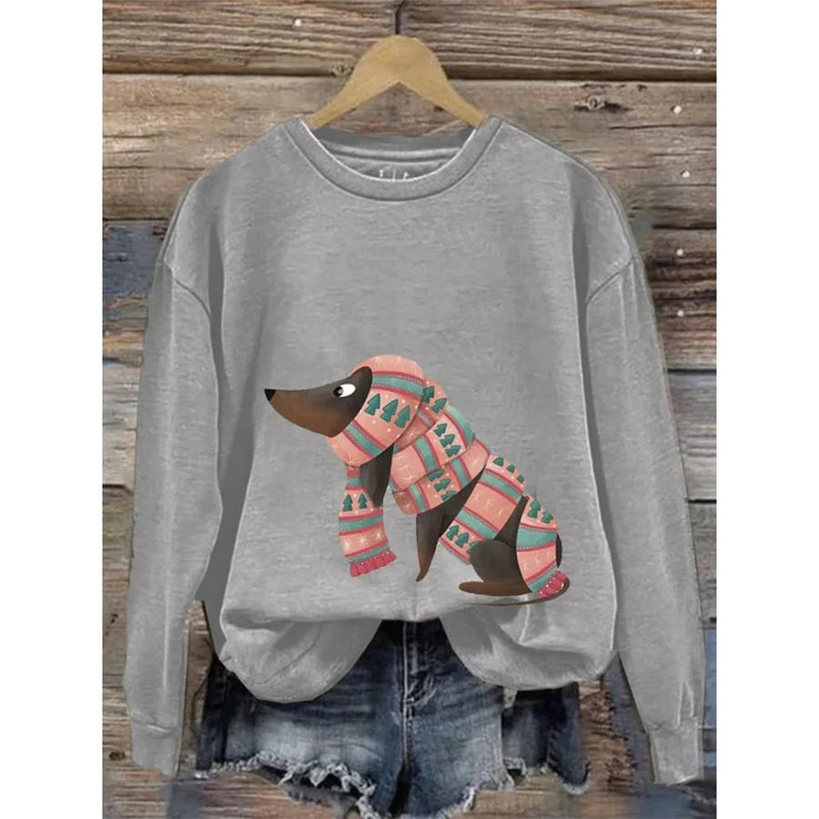 Damen-Sweatshirt mit Rundhalsausschnitt und fantasievollem Hundeaufdruck