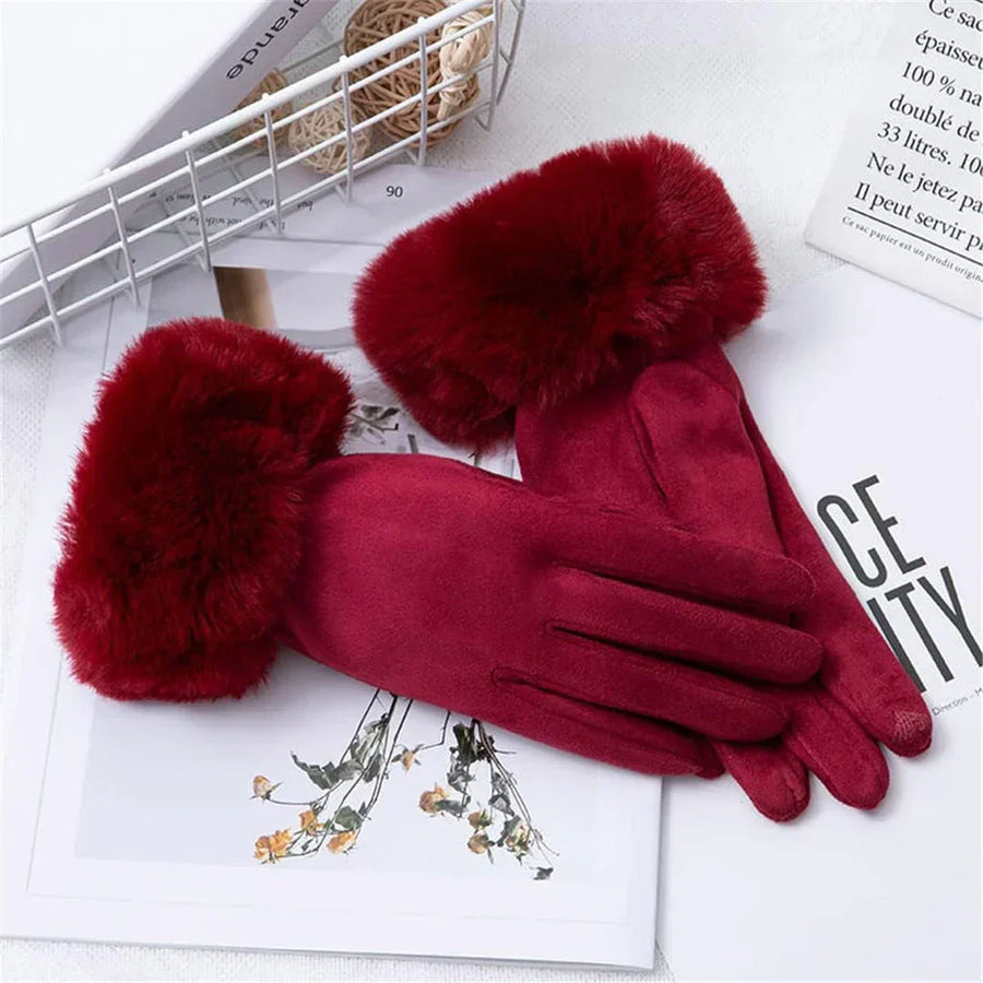 Gants Femme Hiver Aspect Suédé avec Bordure Fausse Fourrure Rose Poudré