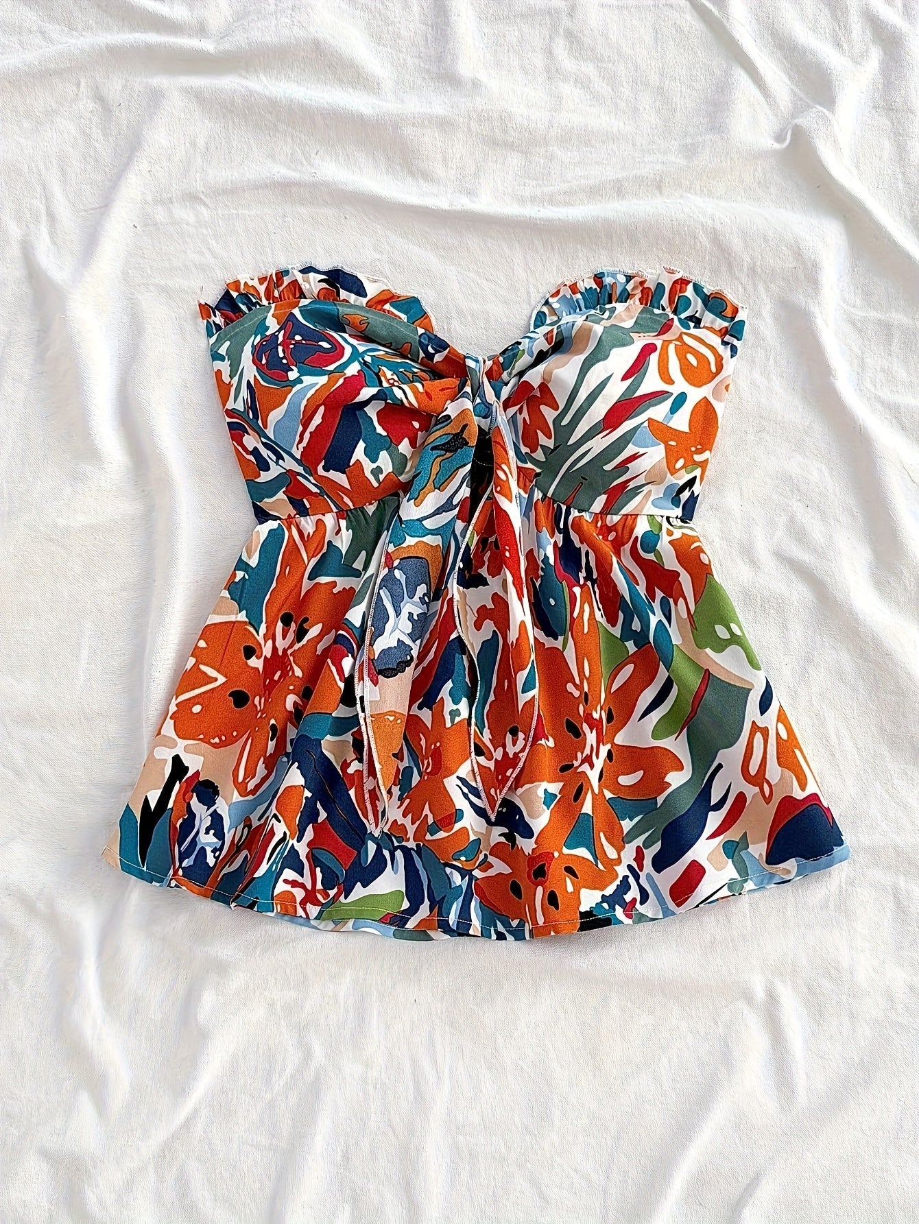 Top uden stropper med bindebånd til kvinder, feriestil med abstrakt blomsterprint – ideel til sommer og strand