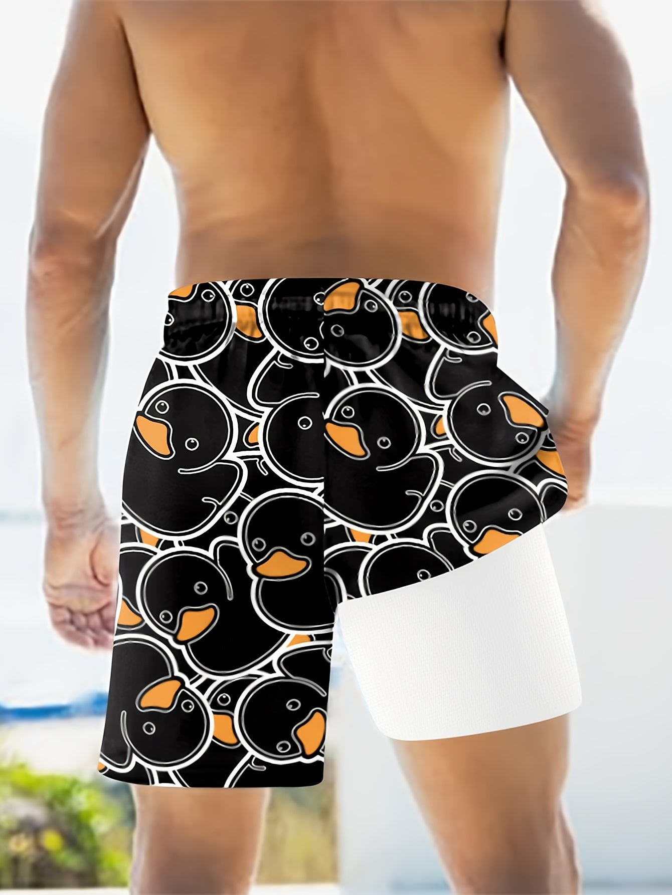 Herren-Badeshorts mit gelbem Entenmotiv, lustiger Stil für Pool und Strand