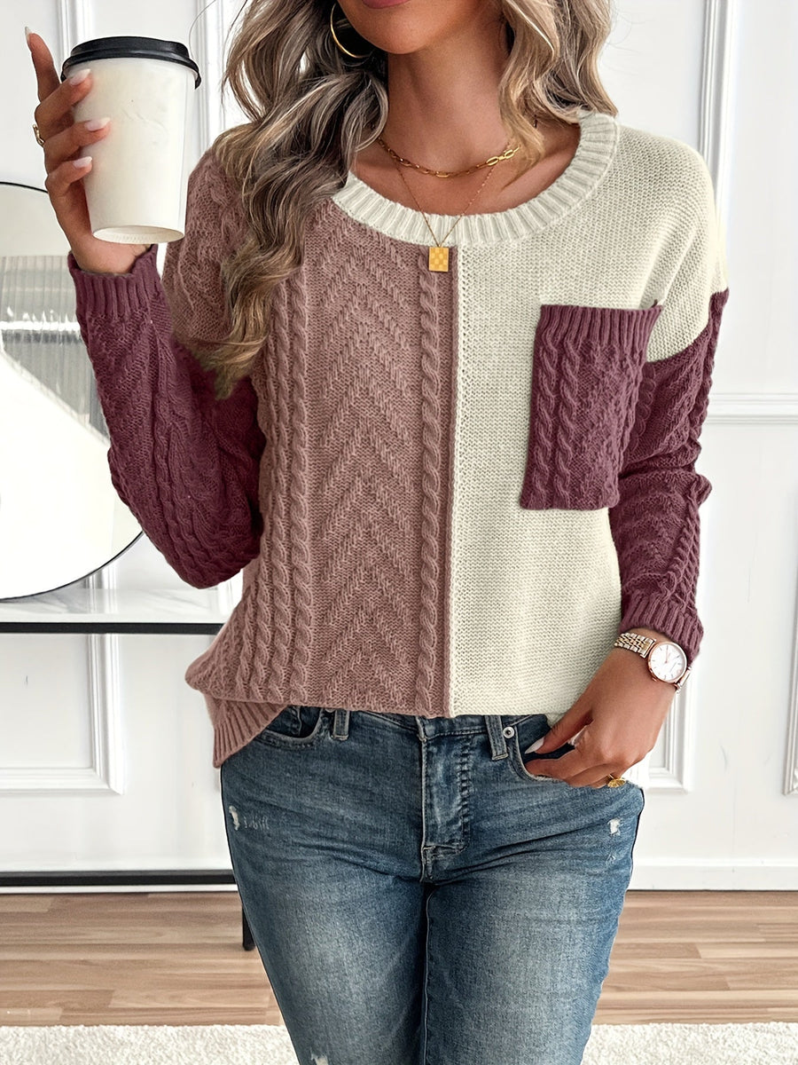 Pull Femme Maille Torsadée Bicolore Crème Vert avec Poche Plaquée