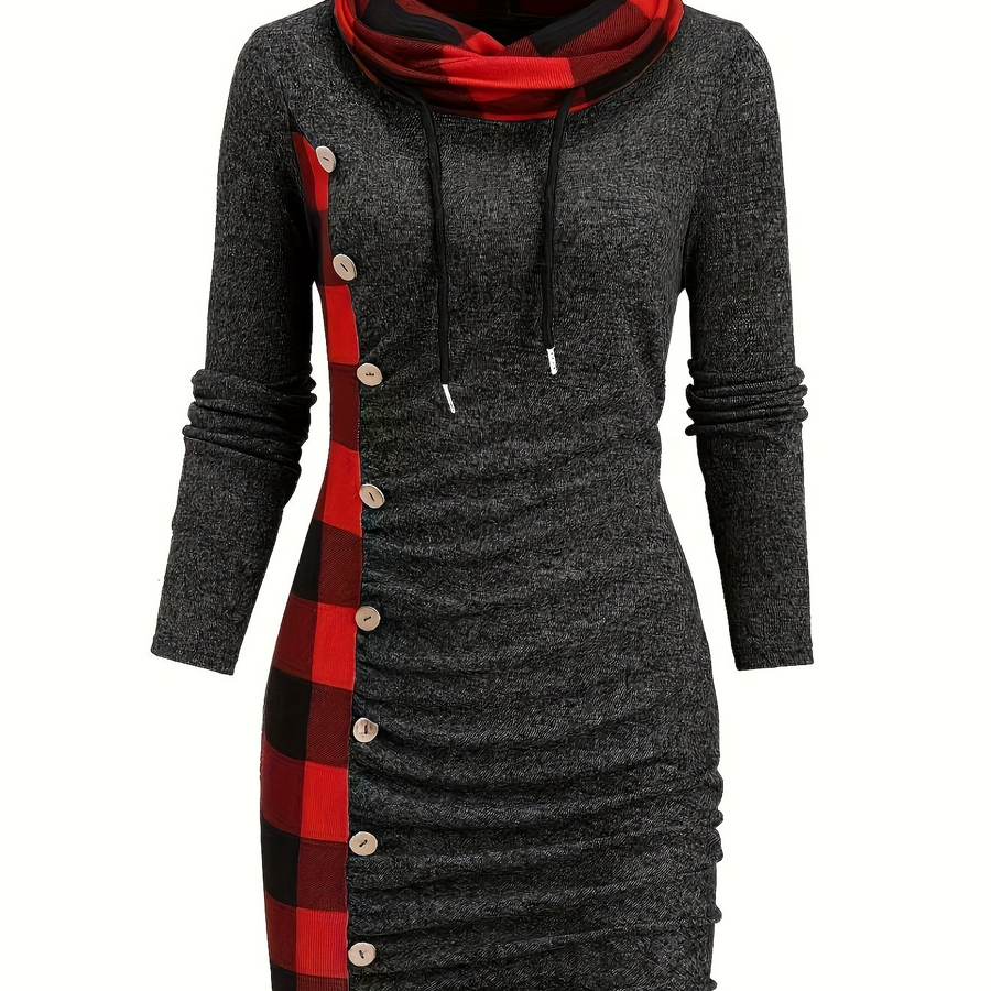 Robe Pull Courte Femme avec Col Cheminée et Motif Carreaux Bicolores