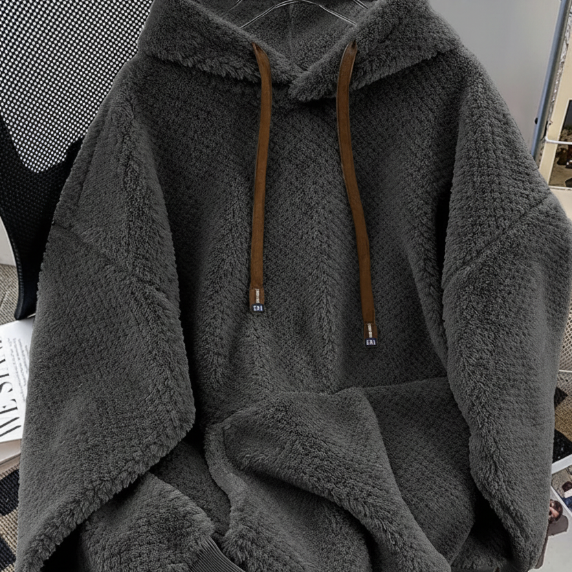 Sweat à Capuche Doux Effet Peluche Vert Militaire avec Cordon Contrastant