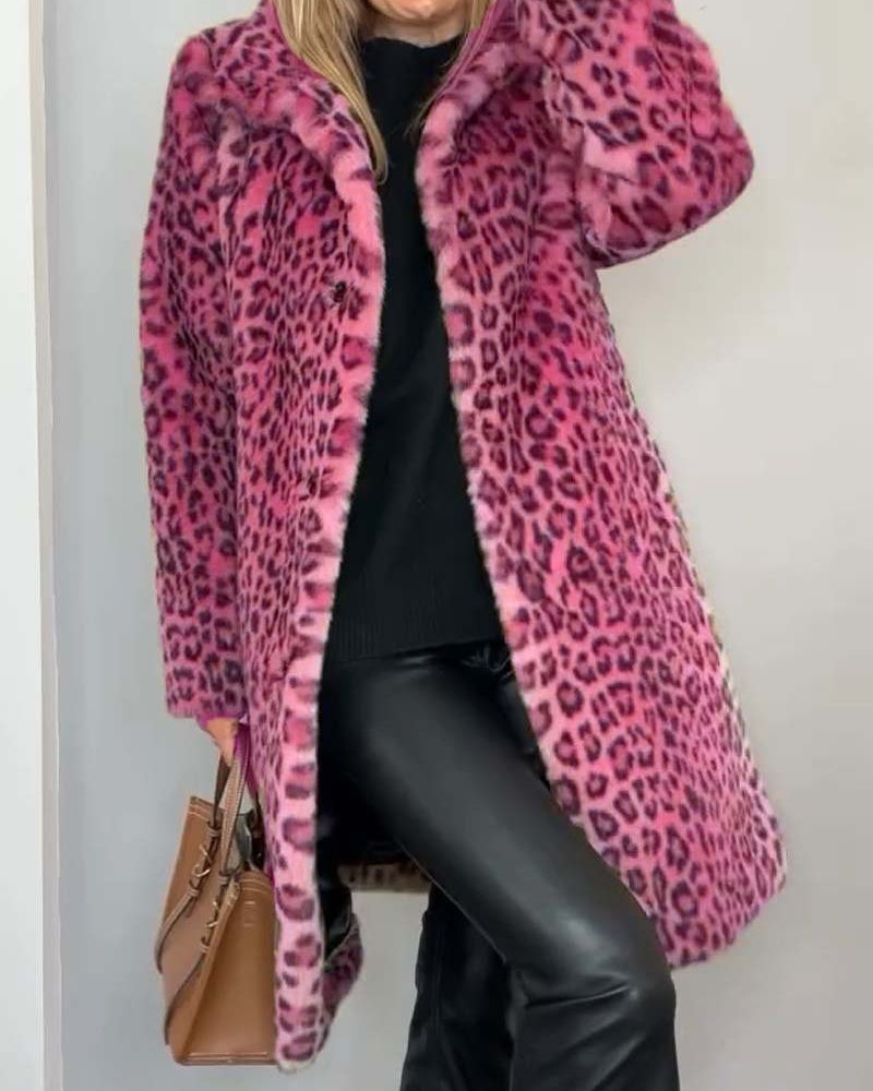 Abrigo para mujer con estampado de leopardo, suave, cuello de solapa y botones