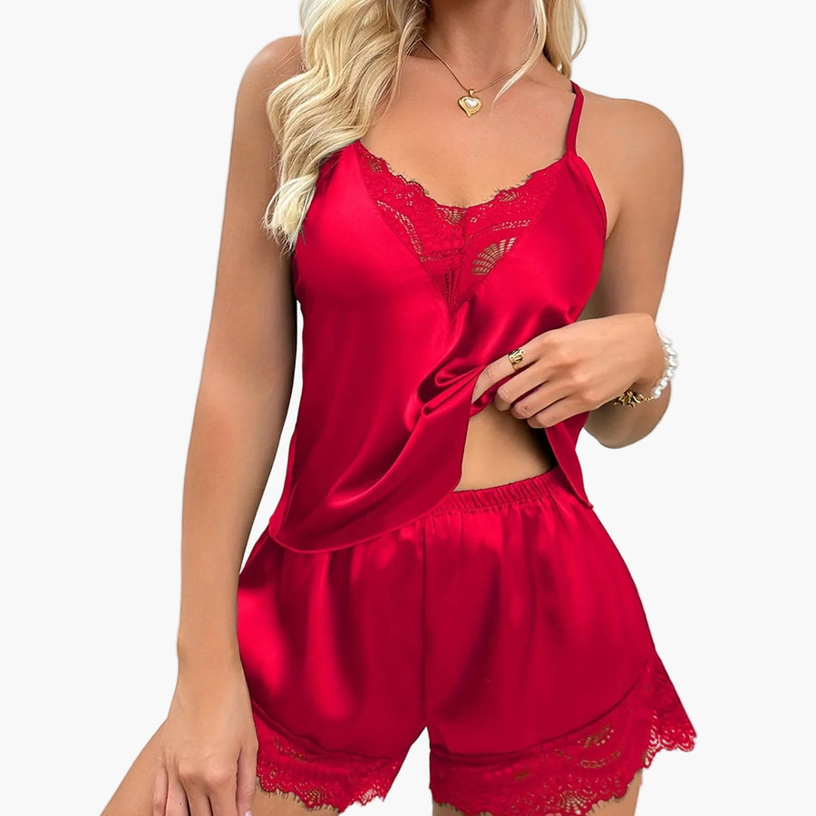 Pigiama corto donna stile sexy per la casa - completo canotta e pantaloncini con dettagli in pizzo, ideale primavera-estate