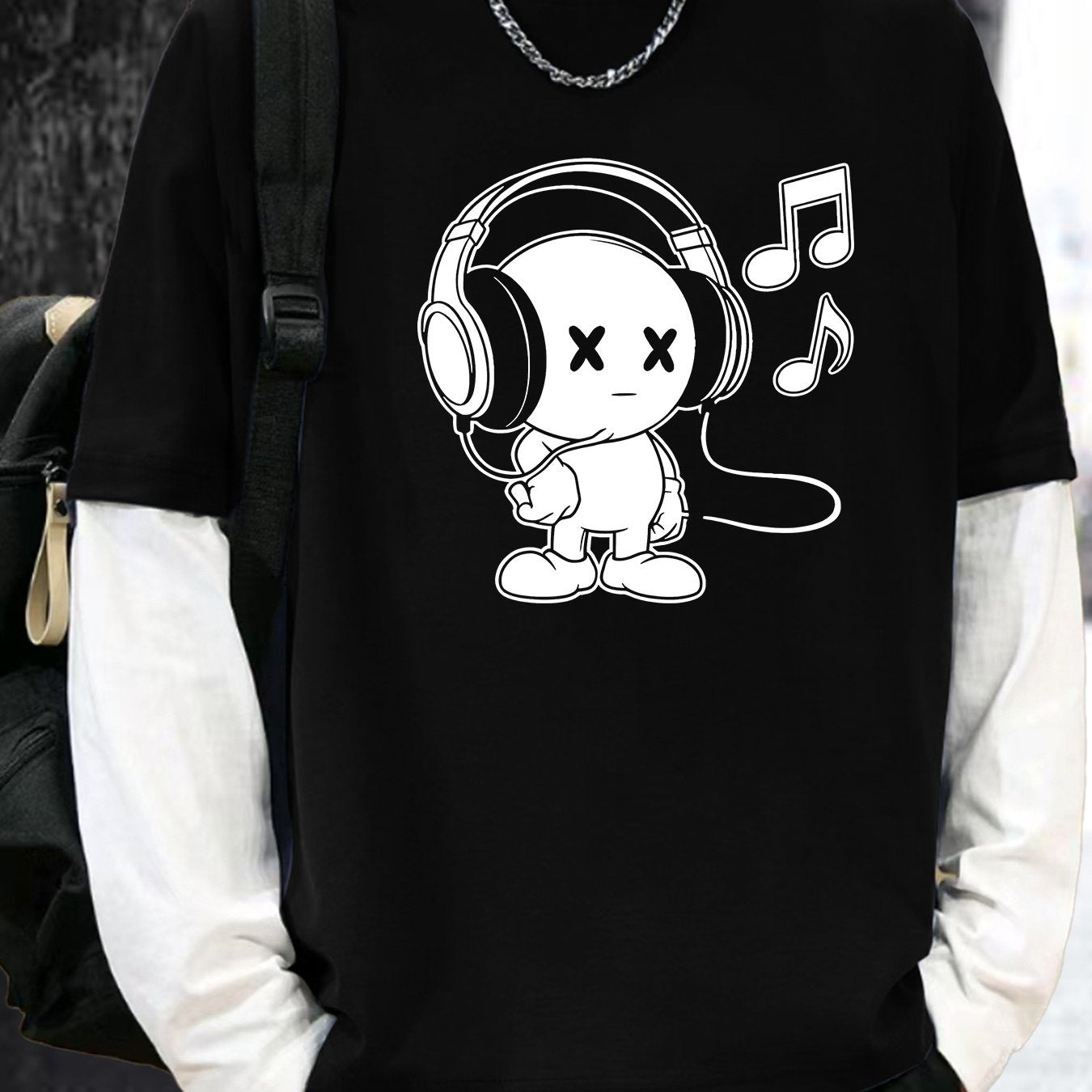 T-shirt Homme Manches Longues Superposées Motif Cartoon Casque Musique