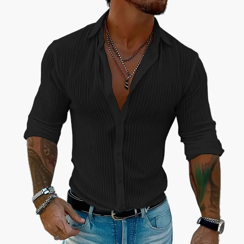 Chemise Homme Élégante à Rayures Style Décontracté Chic – Manches Longues et Col à Revers