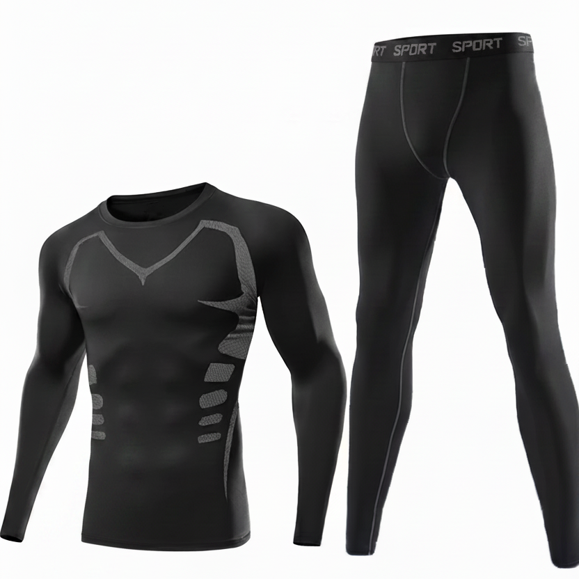 Ensemble Sport Homme 2 Pièces Noir Manches Longues et Pantalon de Compression avec Détails Graphiques