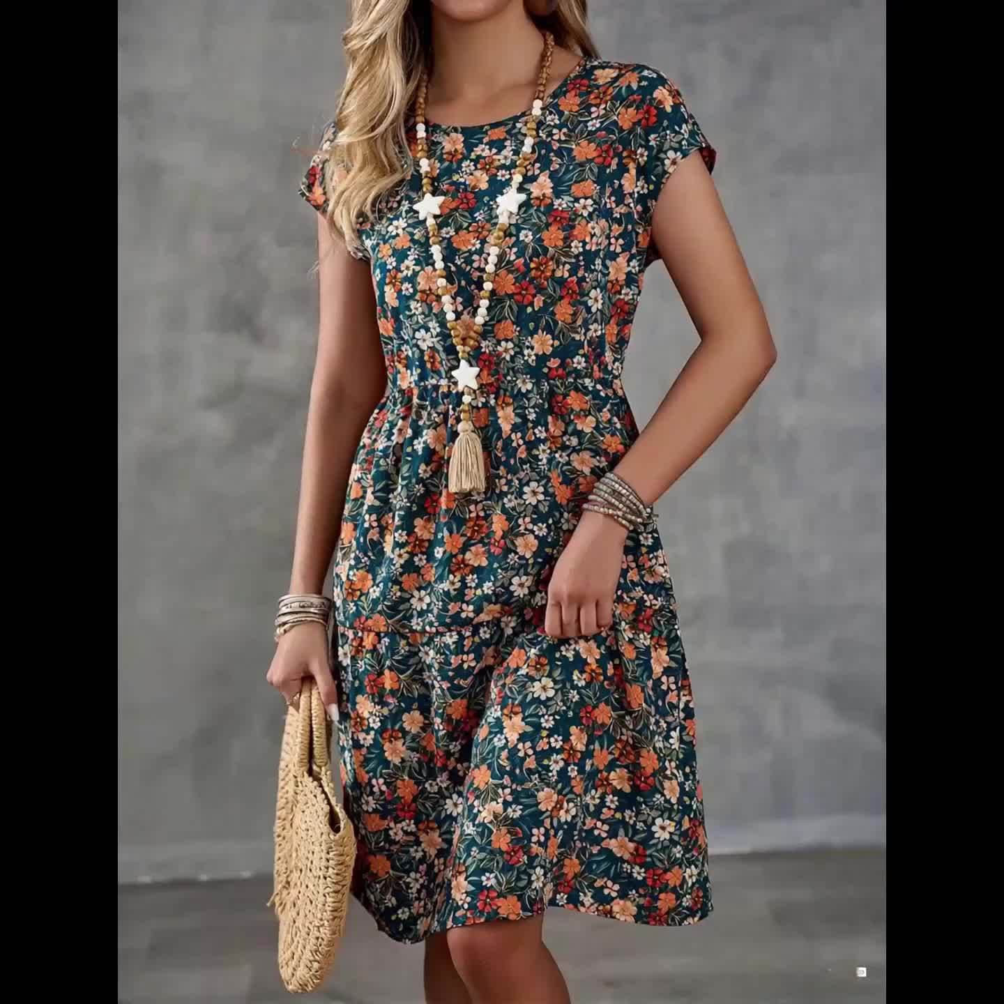Abito floreale casual da donna stile vacanze con maniche corte