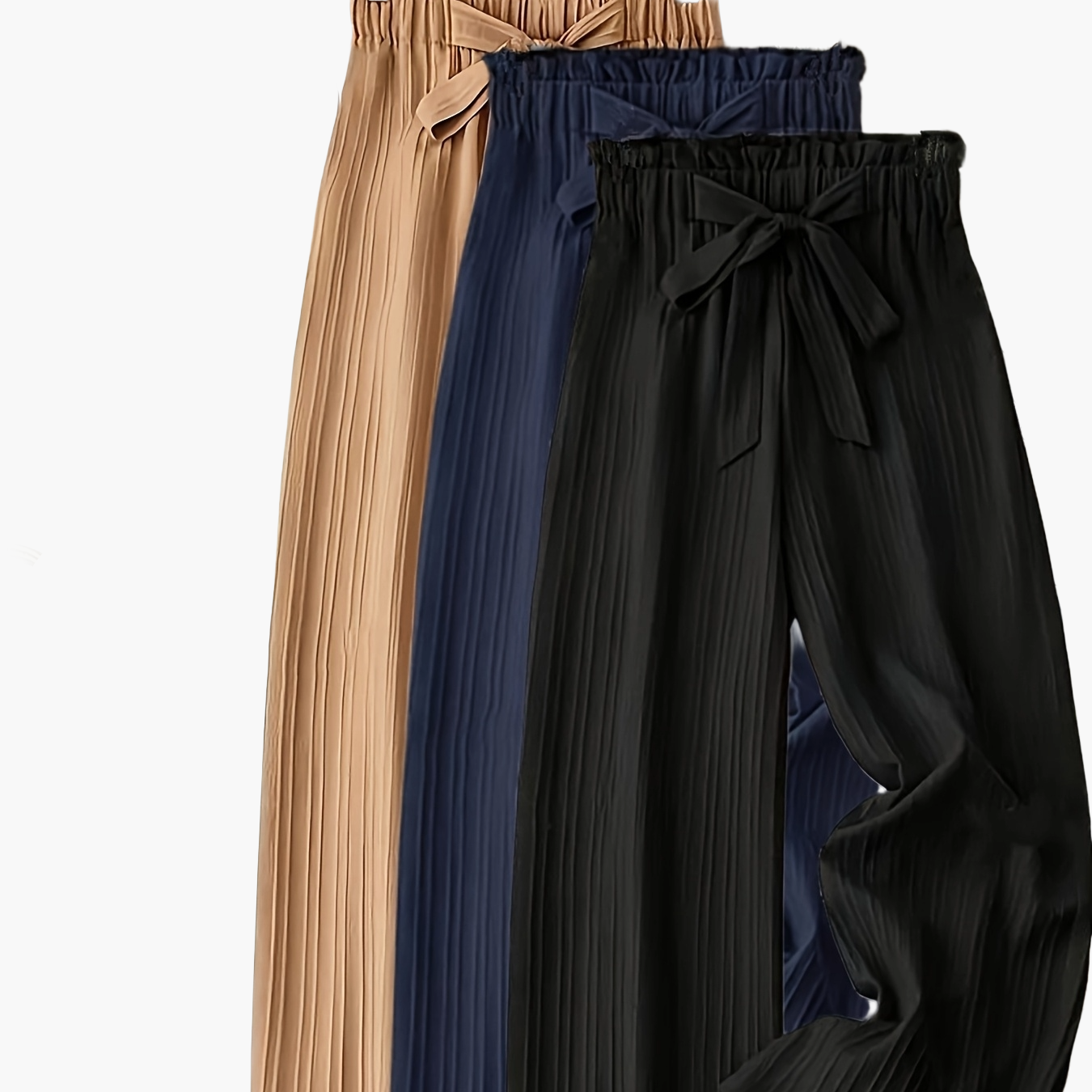 Pantalon large droit à taille élastique avec ceinture nœud pour femme, style élégant décontracté