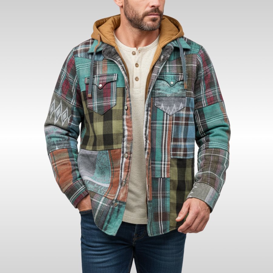 Herren-Hemdjacke mit abnehmbarer Kapuze, blau-braun kariert