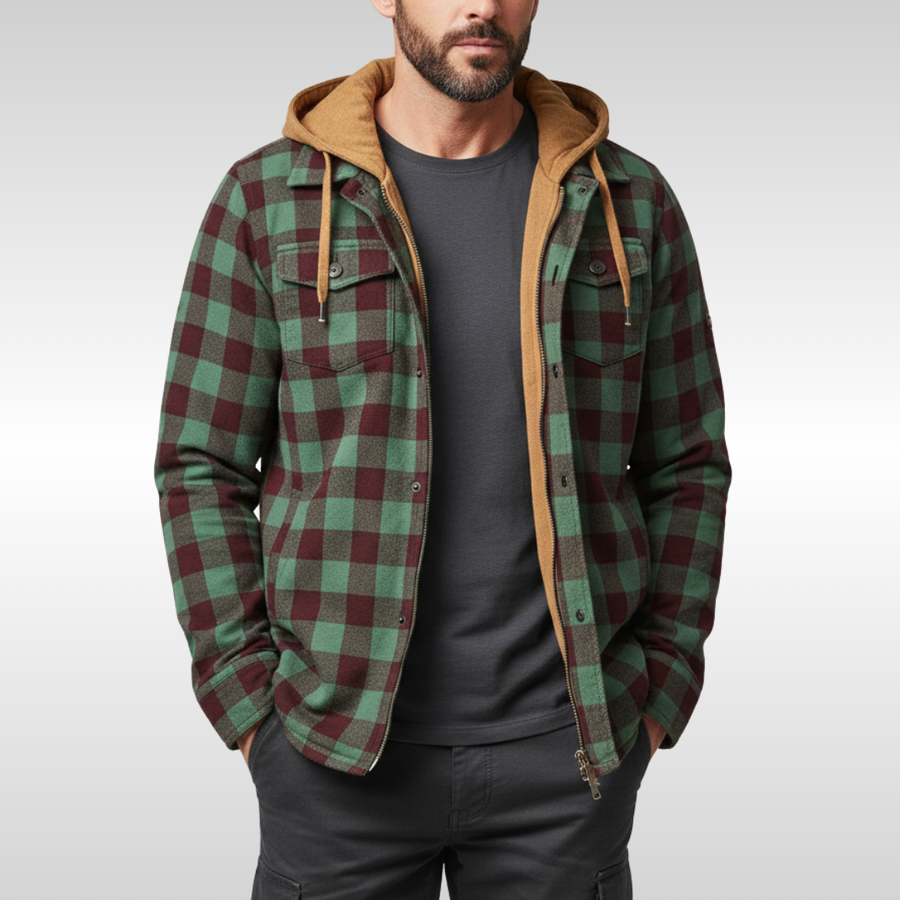 Herren-Hemdjacke mit abnehmbarer Kapuze, blau-braun kariert
