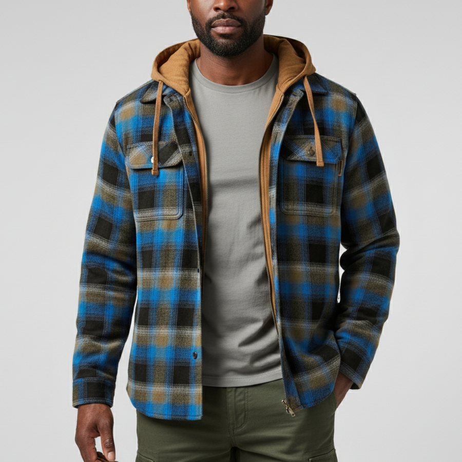 Herren-Hemdjacke mit abnehmbarer Kapuze, blau-braun kariert