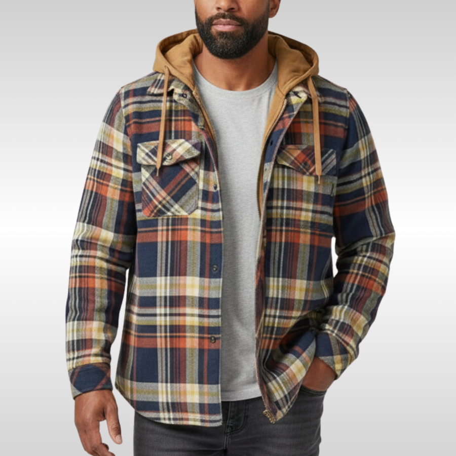 Herren-Hemdjacke mit abnehmbarer Kapuze, blau-braun kariert