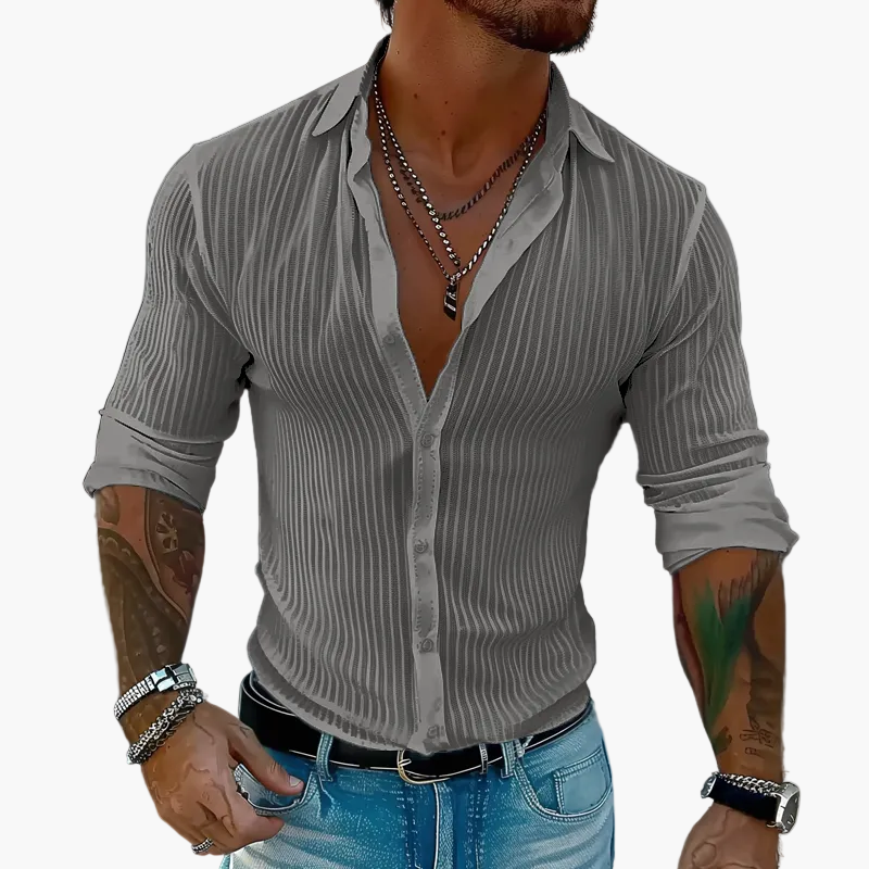 Chemise Homme Élégante à Rayures Style Décontracté Chic – Manches Longues et Col à Revers