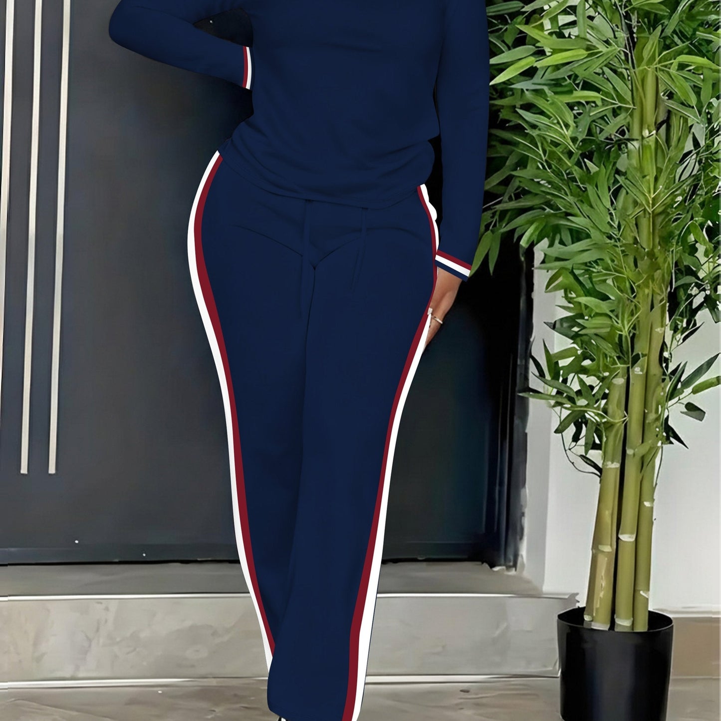 Ensemble Sport Décontracté Femme Manches Longues et Pantalon Rayures Latérales