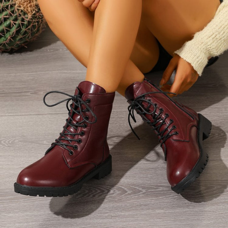 Bottes chelsea femme bordeaux à lacets et fermeture éclair latérale, semelle épaisse