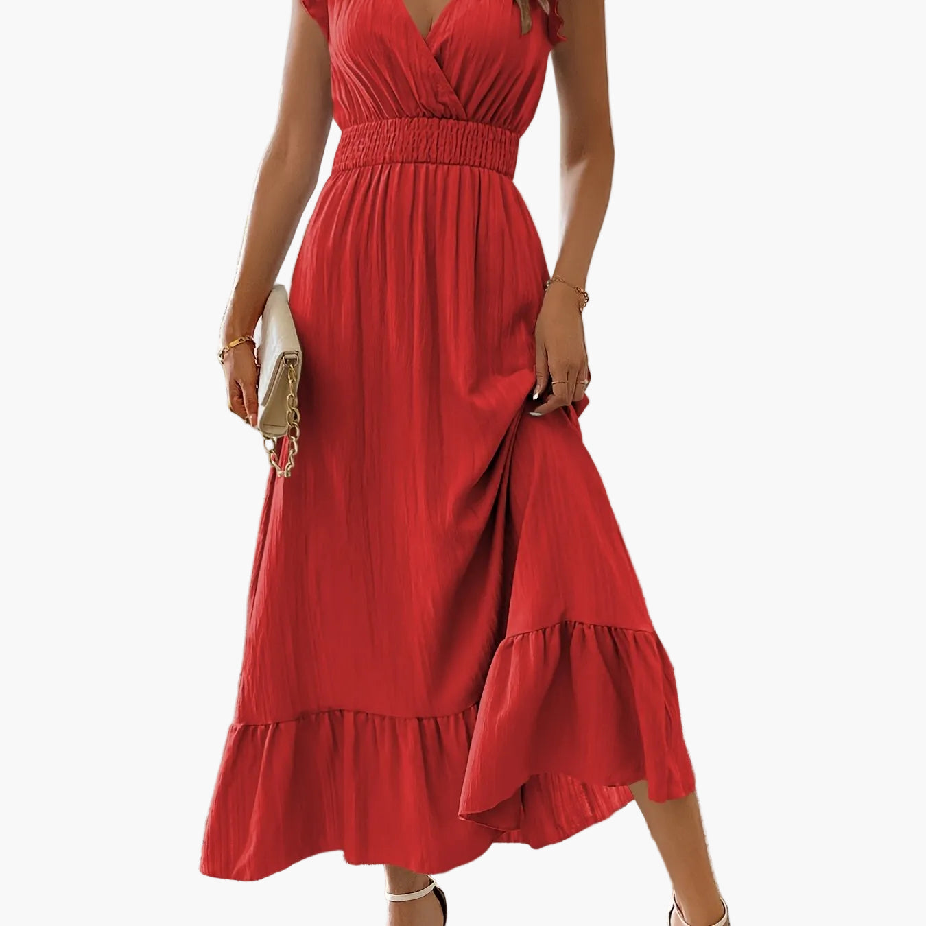 Abito lungo elegante da donna stile vacanze con maniche volant e vita arricciata
