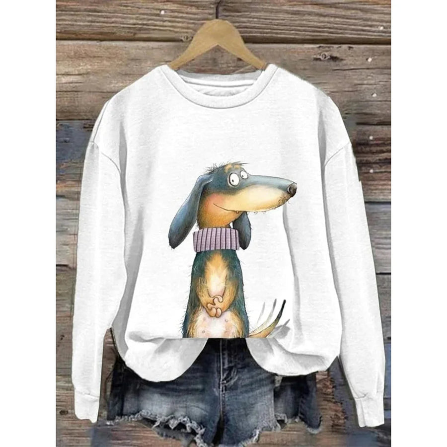 Damen-Sweatshirt mit Rundhalsausschnitt und fantasievollem Hundeaufdruck
