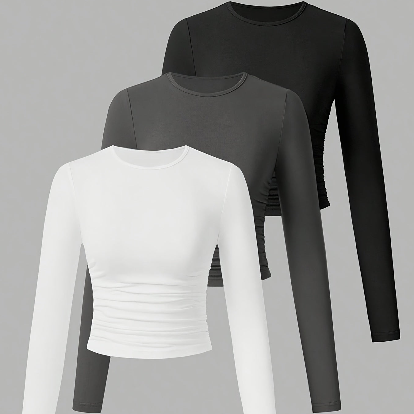 Lot de 3 Crop Tops Femme Manches Longues Col Rond Froncé