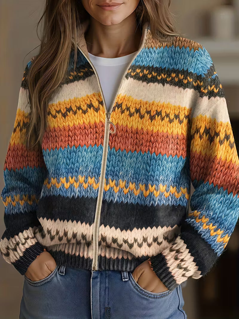 Gestrickte Damenjacke mit Reißverschluss, mehrfarbigem Streifenmuster und Stehkragen