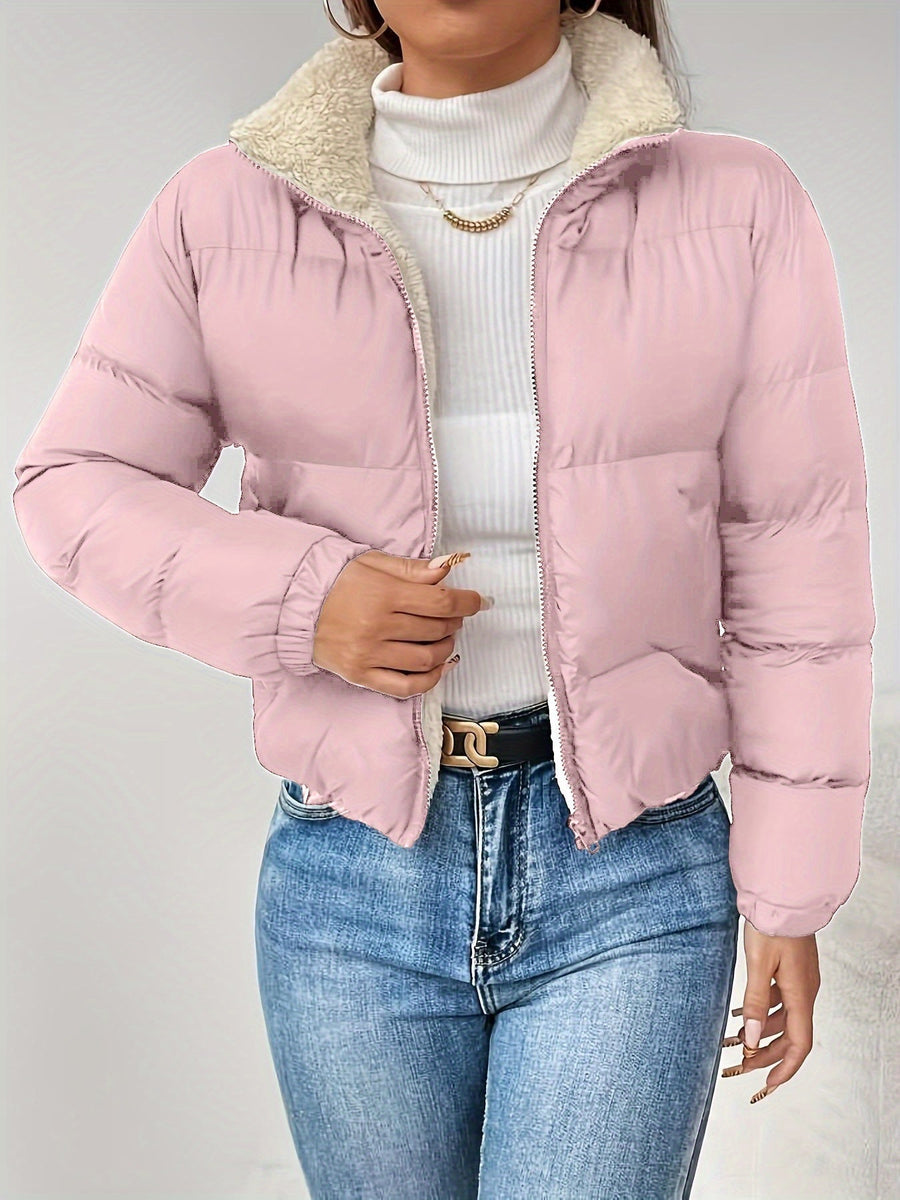 Kurze gesteppte Damen-Daunenjacke mit Stehkragen und weichem Futter, Schwarz