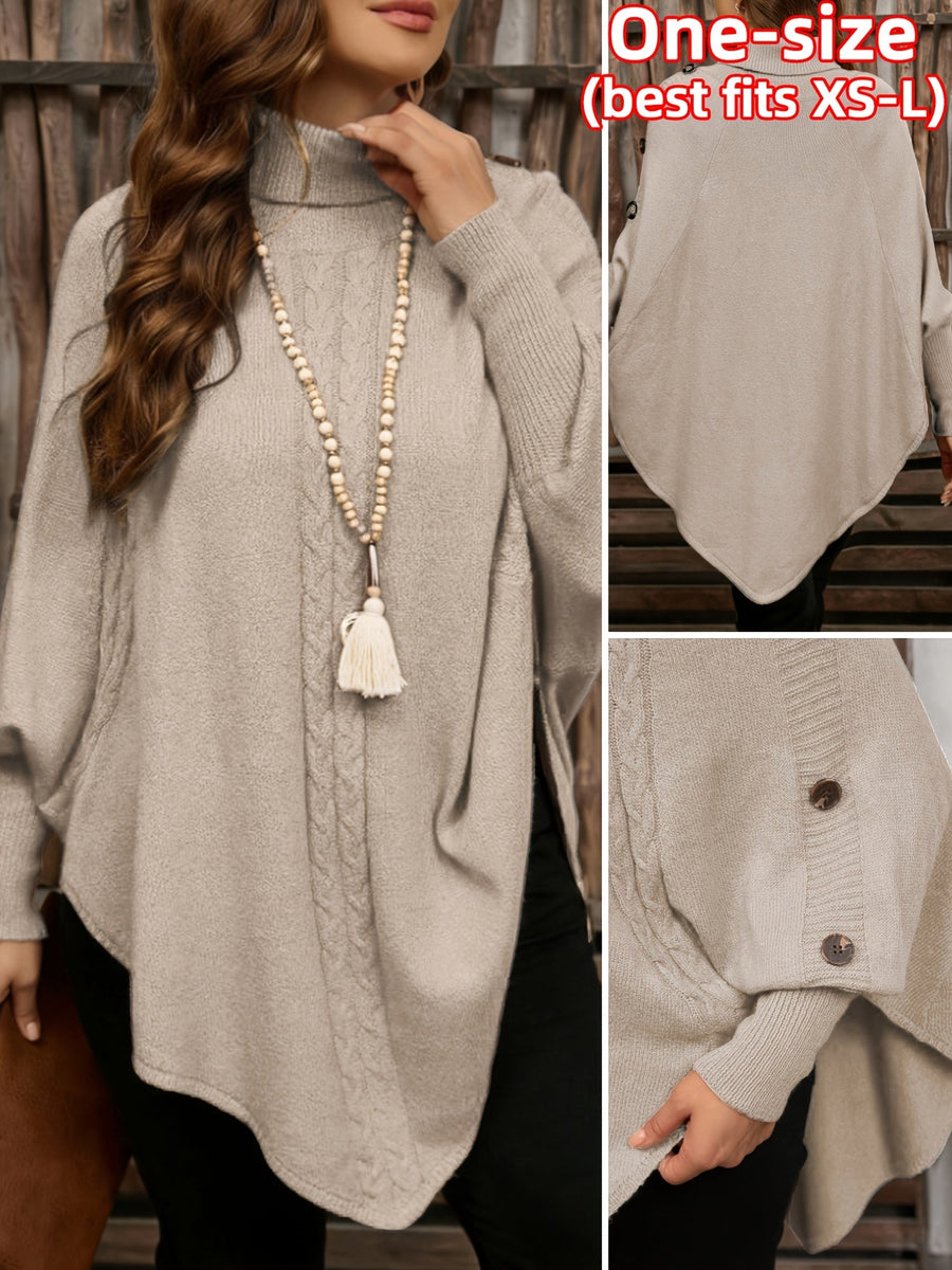 Pull poncho en tricot à col roulé et tresses avec boutons décoratifs pour femme
