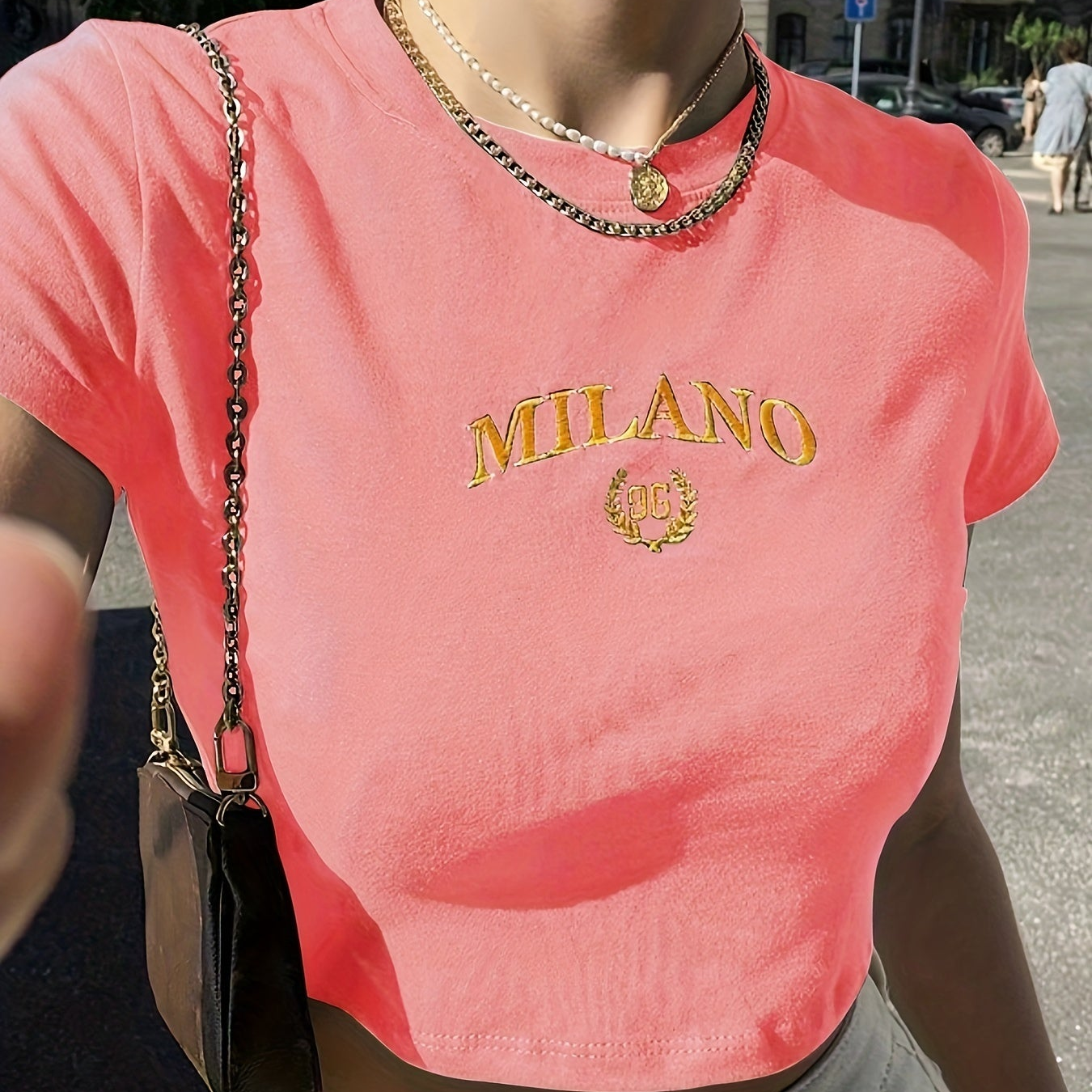 T-shirt court femme style Y2K Milano brodé, tendance été, manches courtes, col rond