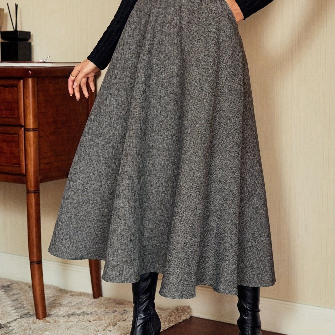 Jupe longue évasée taille haute unie gris chiné pour femme