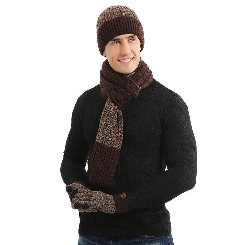 Men's winter beanie and scarf set, two-tone burgundy ribbed knit
