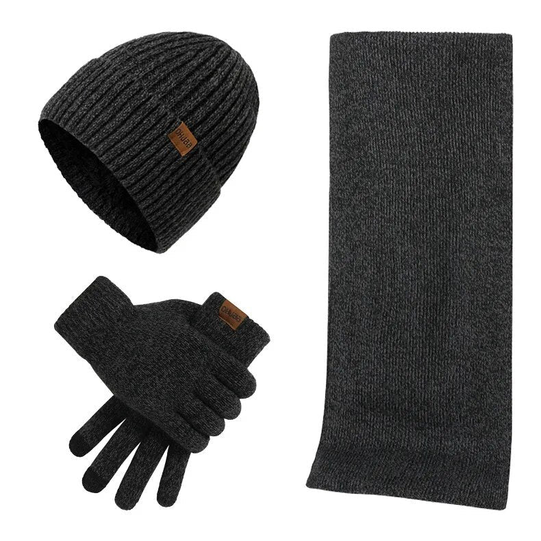 Conjunto de invierno de punto para hombre - Gorro, bufanda y guantes táctiles - Color liso