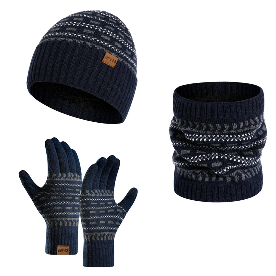 Gestricktes Winterset aus Mütze, Schal, Schlauchschal und Handschuhen mit grauem Muster
