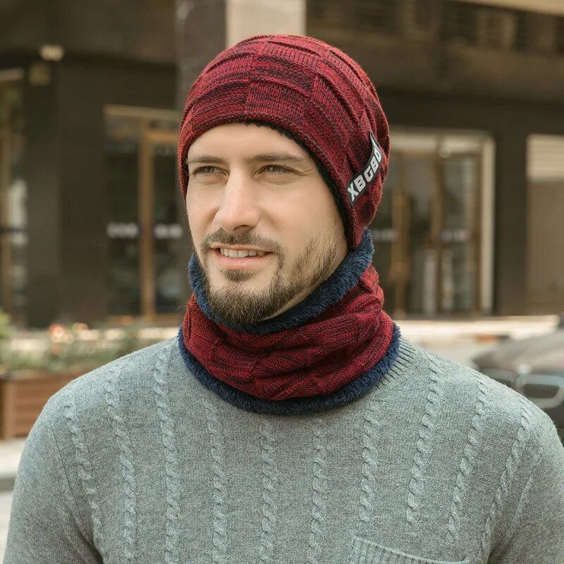Lined Knitted Beanie and Neck Warmer, Burgundy