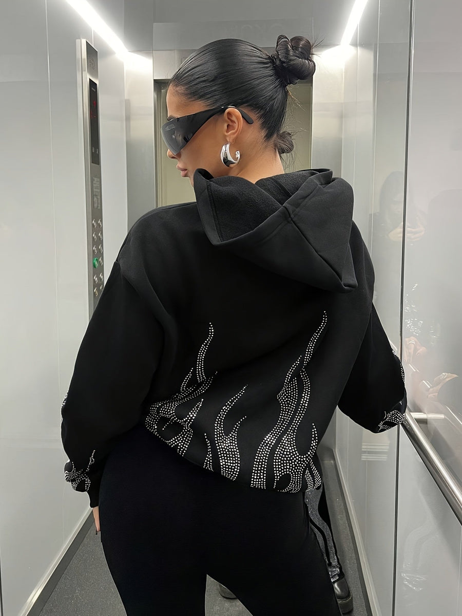 Sweat à Capuche Femme Décontracté Noir Flammé Strass Manches Longues