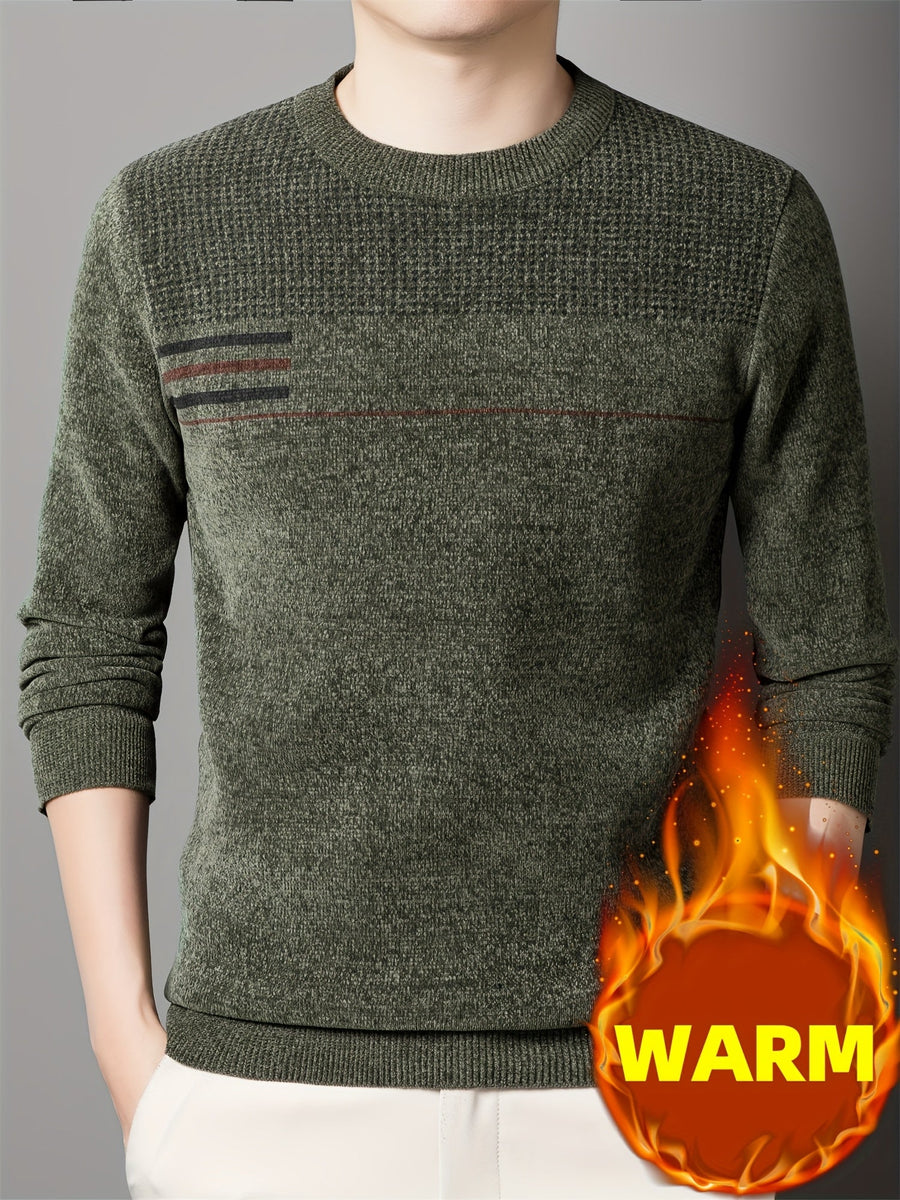 Men's Pullover Crew Neck Textured-Knit Striped Chest Long-Sleeve Sweater
