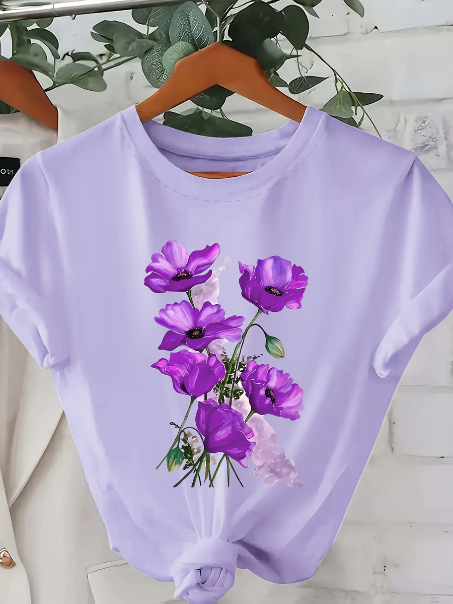 T-shirt donna stile casual con stampa floreale artistica per primavera ed estate