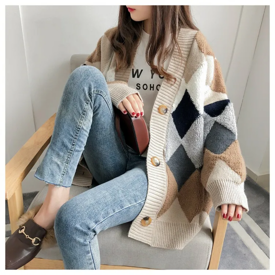 Women's Beige and Brown Textured Knit Diamond Cardigan