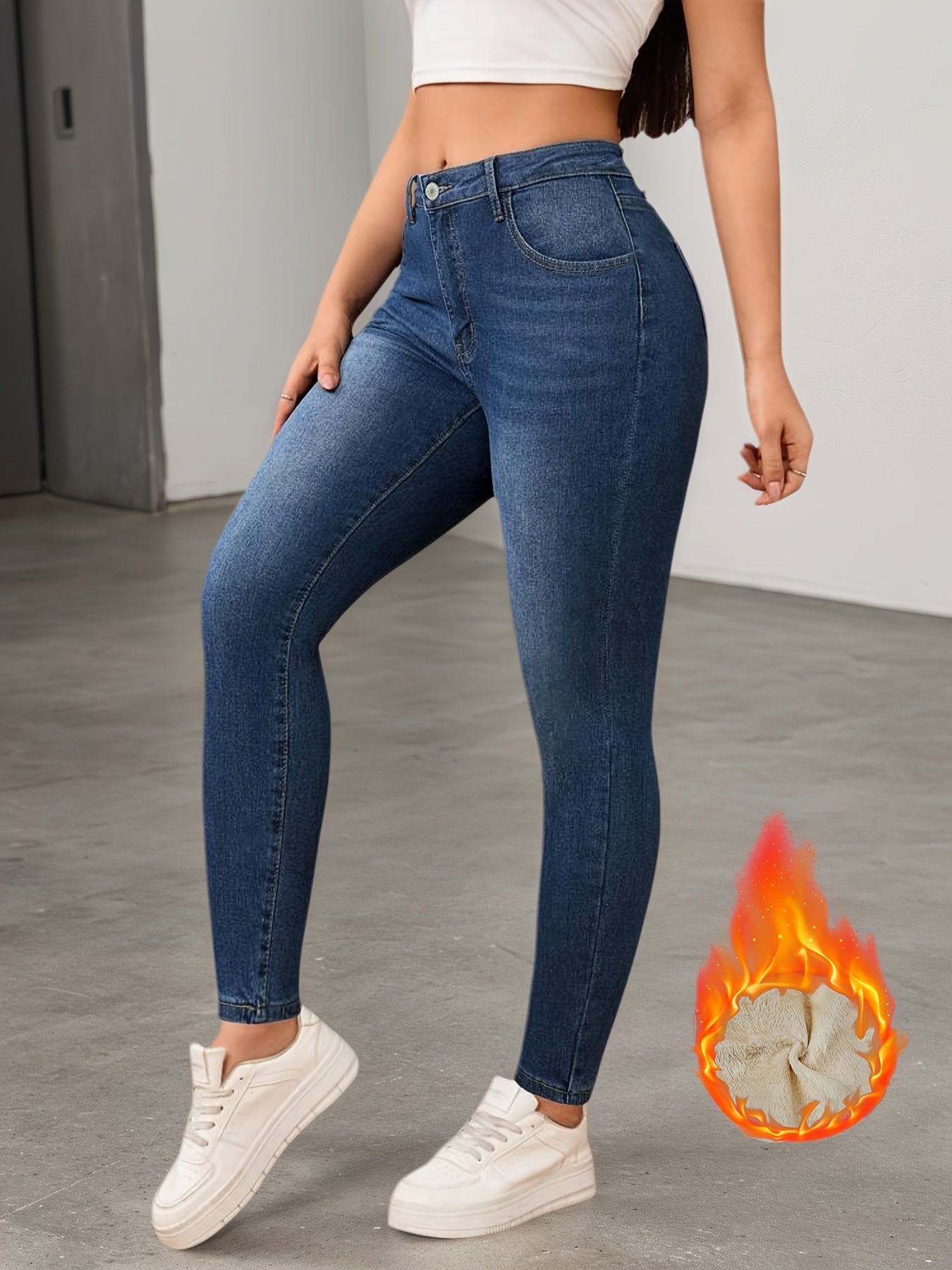 Jean Slim Femme Bleu avec Doublure Chaude Beige