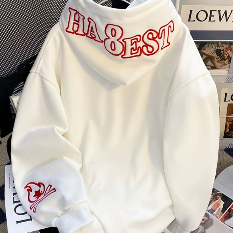 Sweat à Capuche Blanc avec Broderie Rouge Détail Manches
