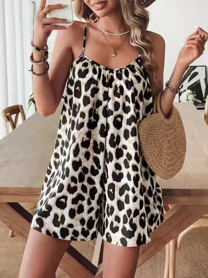Tuta corta donna stile leopardato casual estiva, taglio ampio, uso quotidiano o vacanze