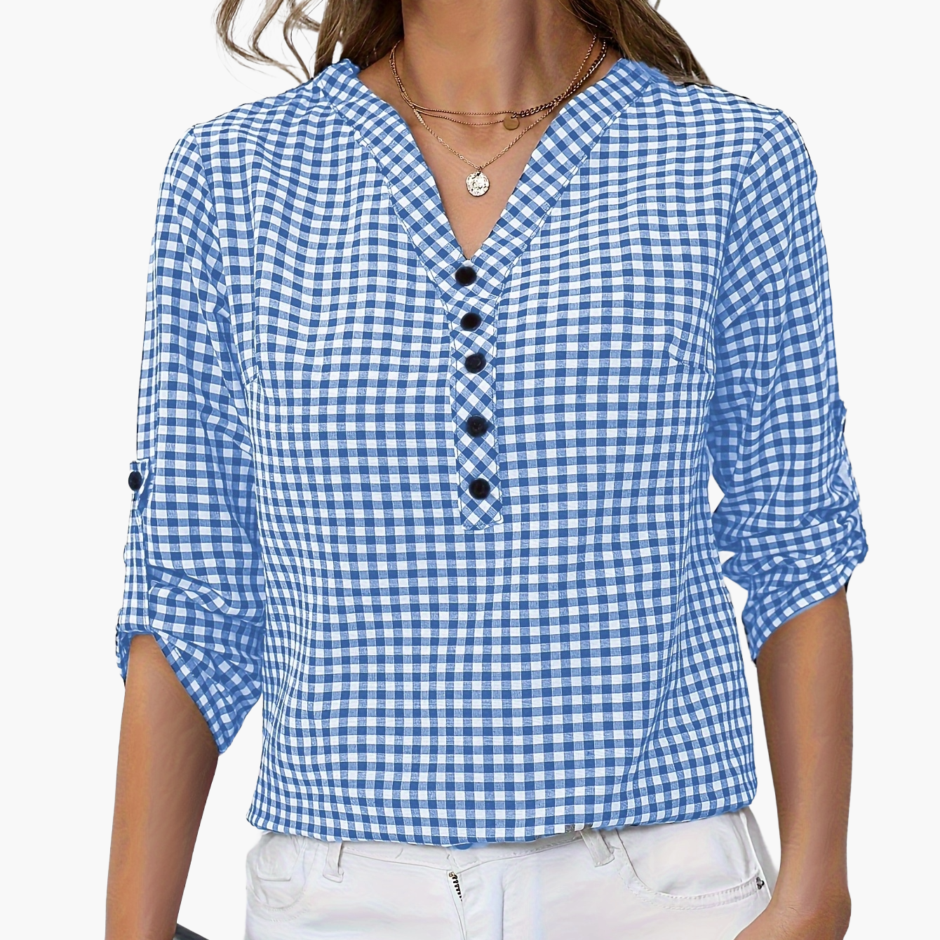 Lässige Damenbluse mit Karomuster, schicker Alltagsstil, hochgekrempelte Ärmel, V-Ausschnitt